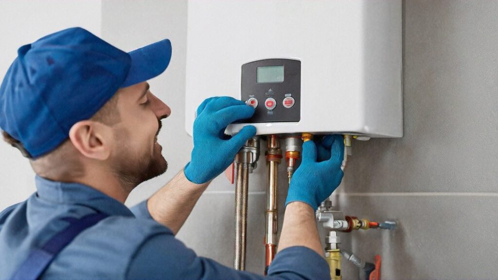 A plumbing professional adjusts the temperature control on a tankless water heater.