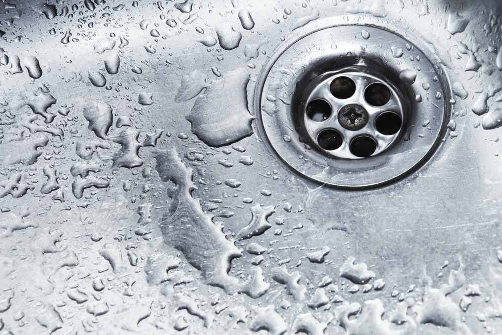 A clean, stainless steel kitchen sink drain.